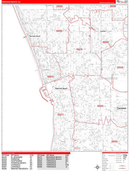 Redondo Beach Zip Code Wall Map